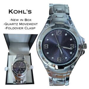 Kohls Stainless Steel Watch Silver Dial Quartz Bracelet Black Face New In Box